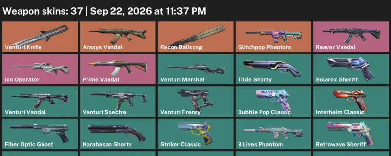 Valorant account inventory for LVL 316 · Araxys Vandal & Venturi Knife