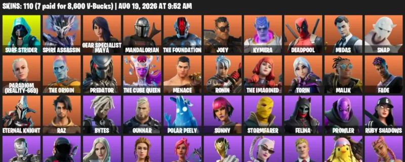 Fortnite account inventory for LVL 1731 - Surf Strider - Spire Assassin - 110 Outfits