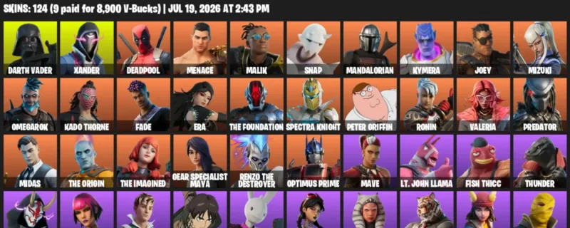 Fortnite Accounts listing: LVL 2578 - Darth Vader - Xander - 124 Outfits - 124 outfits
