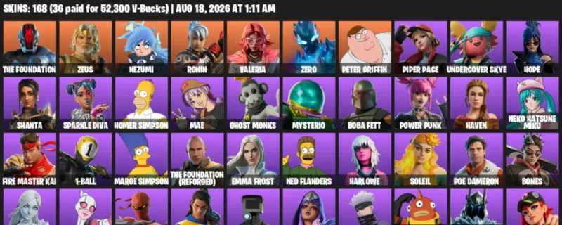 Fortnite account inventory for LVL 1938 - The Foundation - Zeus - 168 Outfits