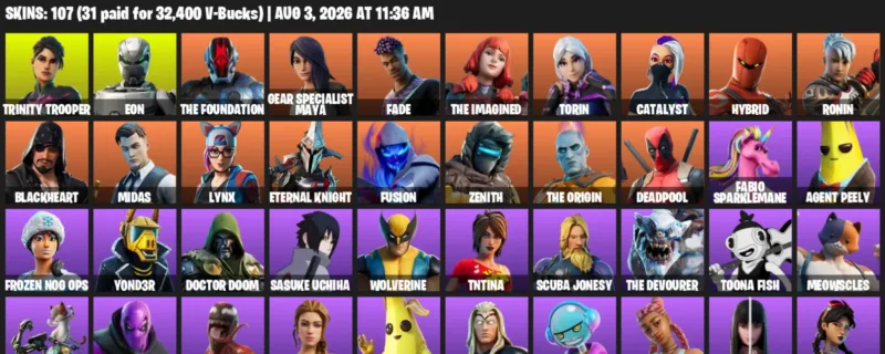 Fortnite account inventory for LVL 1634 - Trinity Trooper - Eon - 107 Outfits