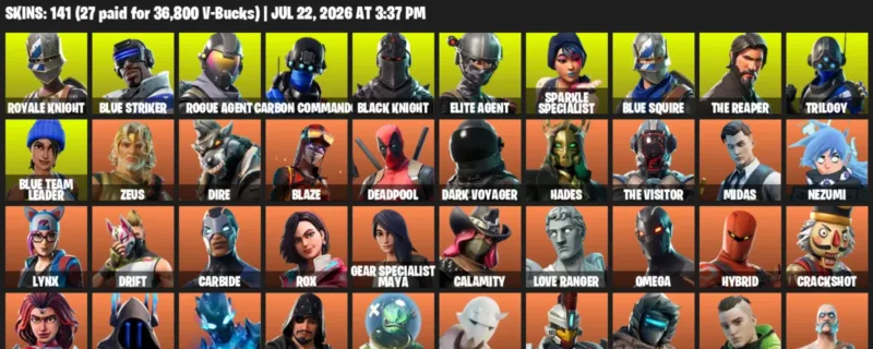 Fortnite Accounts listing: LVL 1803 - Royale Knight - Blue Striker - 141 Outfits - 141 outfits