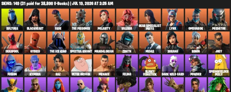 Fortnite Accounts listing: LVL 2228 - Sultura - Blackheart - 149 Outfits - 149 outfits
