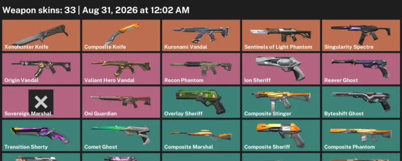 Valorant account inventory for LVL 196 · Xenohunter Knife & 33 Skins Composite Knife