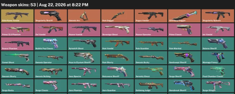 Valorant account inventory for LVL 289 · 53 Skins Glitchpop Dagger & Glitchpop Dagger & Ruin Dagger