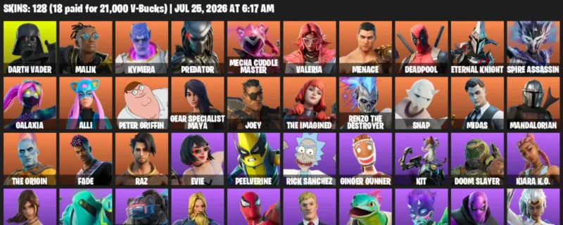 Fortnite Accounts listing: LVL 2028 - Darth Vader - Malik - 128 Outfits - 128 outfits