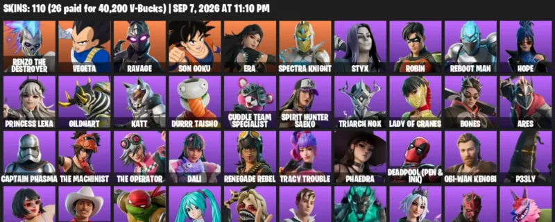 Fortnite account inventory for LVL 187 - Renzo the Destroyer - Vegeta - 110 Outfits