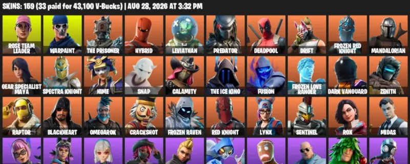 Fortnite account inventory for LVL 1132 - Rose Team Leader - Warpaint - 159 Outfits