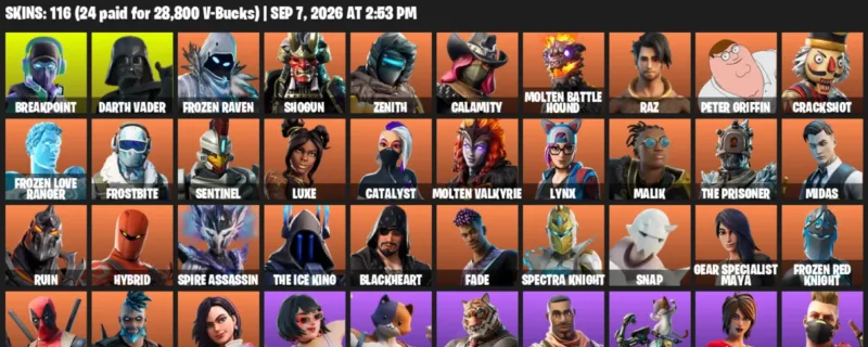 Fortnite account inventory for LVL 1453 - Breakpoint - Darth Vader - 116 Outfits