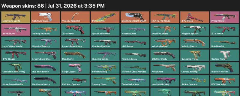 Valorant account inventory for LVL 158 · Velocity Karambit & Striker Knife