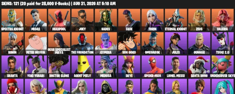 Fortnite account inventory for LVL 2183 - Spectra Knight - Midas - 121 Outfits