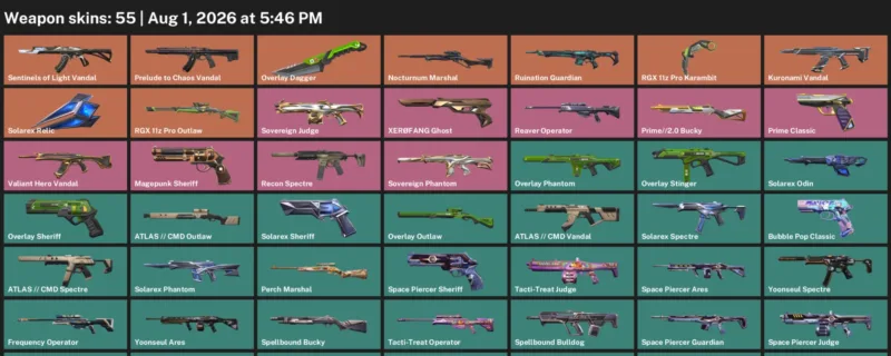 Valorant account inventory for LVL 102 · Overlay Dagger & RGX 11z Pro Karambit
