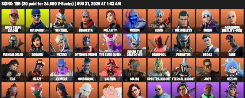 Fortnite account inventory for LVL 3123 - Rose Team Leader - Warpaint - 185 Outfits