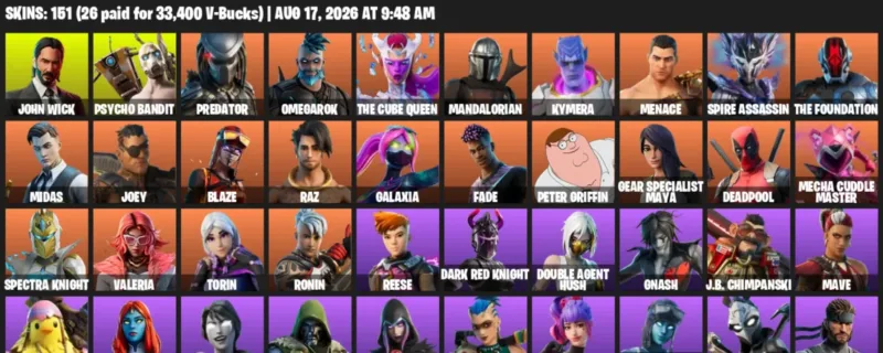 Fortnite account inventory for LVL 1374 - John Wick - Psycho Bandit - 151 Outfits