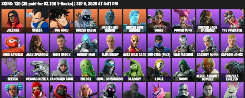 Fortnite account inventory for LVL 2076 - Joltara - Vegeta - 139 Outfits