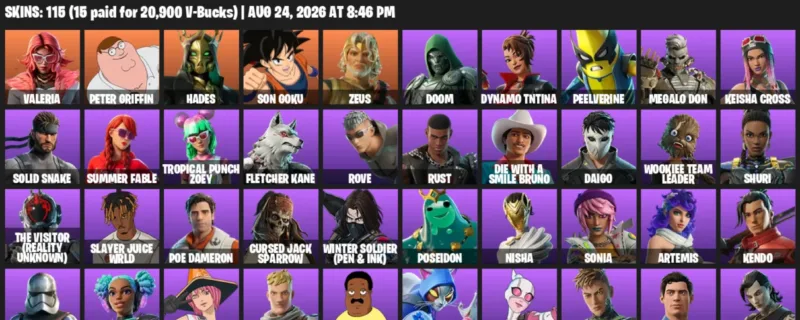 Fortnite account inventory for LVL 1893 - Valeria - Peter Griffin - 115 Outfits