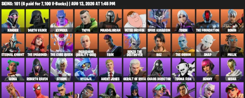 Fortnite account inventory for LVL 1595 - Xander - Darth Vader - 101 Outfits