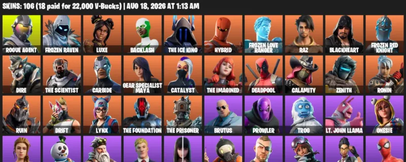 Fortnite account inventory for LVL 1657 - Rogue Agent - Frozen Raven - 106 Outfits