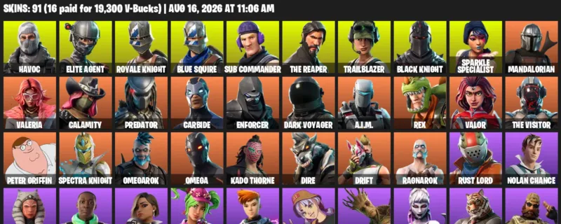Fortnite account inventory for LVL 1535 - Havoc - Elite Agent - 91 Outfits