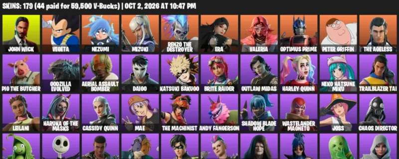 Fortnite account inventory for John Wick - Vegeta - 120 Outfits