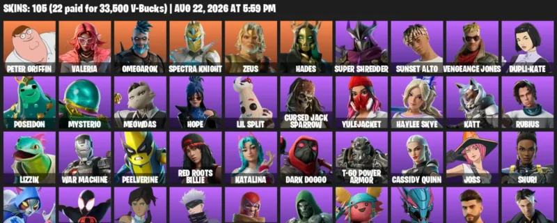 Fortnite account inventory for LVL 1940 - Peter Griffin - Valeria - 105 Outfits
