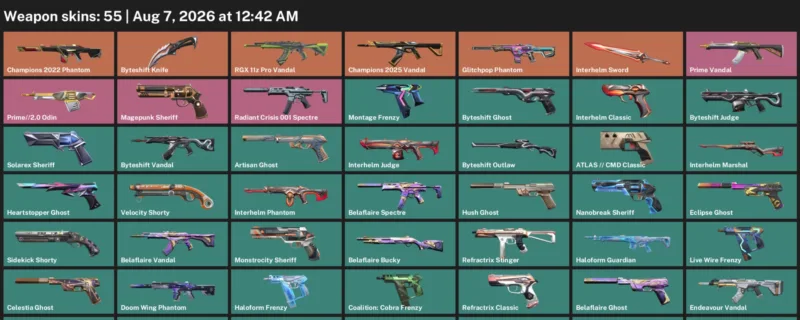 Valorant account inventory for LVL 419 · 55 Skins Byteshift Knife & Byteshift Knife & Interhelm Sword