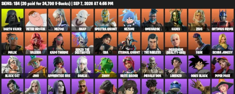 Fortnite account inventory for LVL 3669 - Darth Vader - Peter Griffin - 184 Outfits