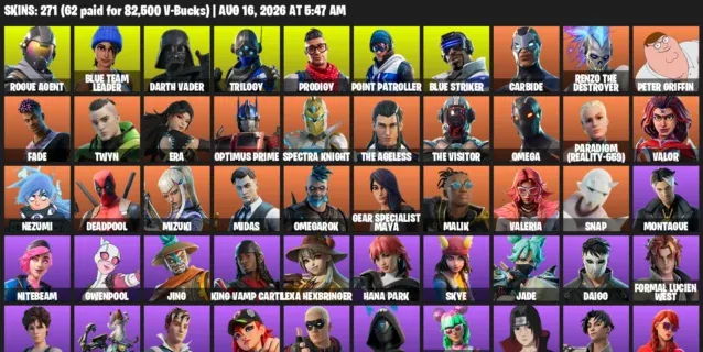 Fortnite account inventory for LVL 1784 - Rogue Agent - Blue Team Leader - 271 Outfits