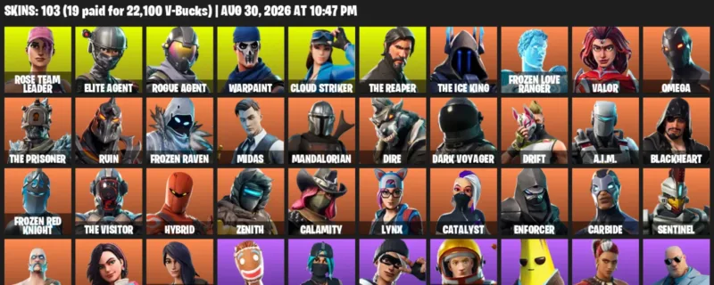 Fortnite account inventory for LVL 1501 - Rose Team Leader - Elite Agent - 103 Outfits