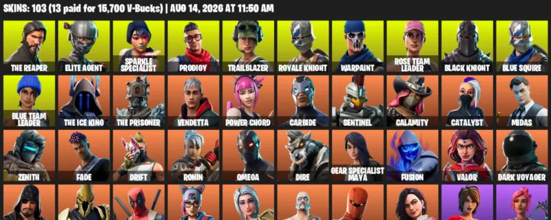 Fortnite account inventory for LVL 1581 - The Reaper - Elite Agent - 103 Outfits
