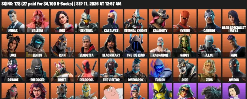Fortnite account inventory for LVL 2798 - Midas - Valeria - 178 Outfits