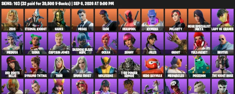 Fortnite account inventory for LVL 1514 - Zeus - Eternal Knight - 103 Outfits