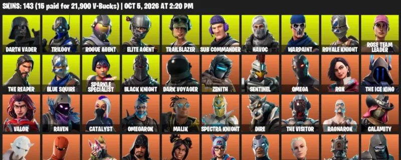 Fortnite account inventory for Darth Vader - Trilogy - 120 Outfits