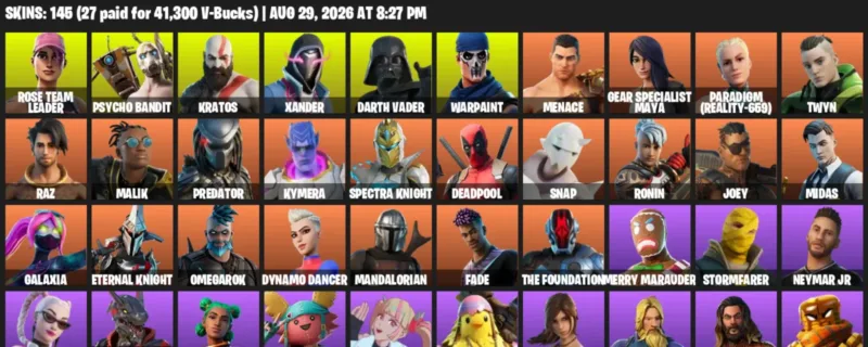 Fortnite account inventory for LVL 1728 - Rose Team Leader - Psycho Bandit - 145 Outfits