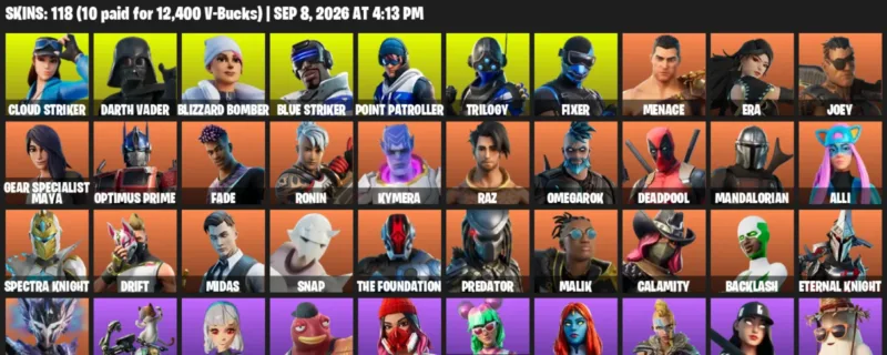 Fortnite account inventory for LVL 1870 - Cloud Striker - Darth Vader - 118 Outfits