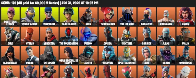 Fortnite account inventory for LVL 1333 - Rose Team Leader - Rogue Agent - 170 Outfits