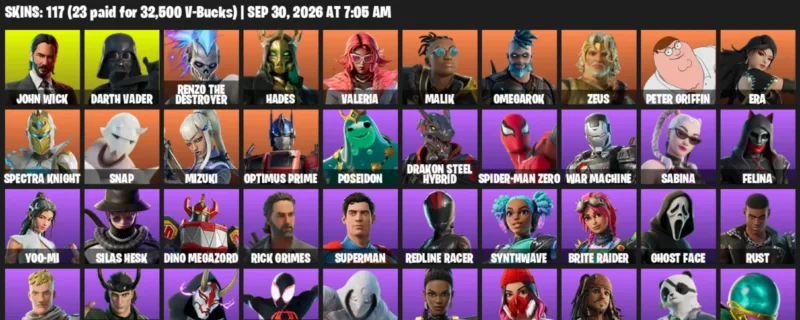 Fortnite account inventory for John Wick - Darth Vader - 117 Outfits