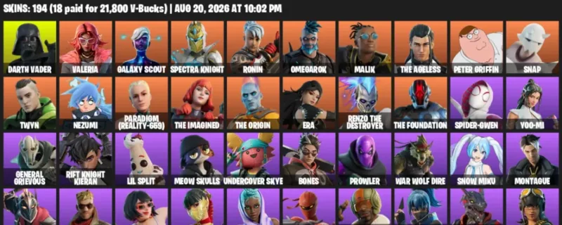 Fortnite account inventory for LVL 1817 - Darth Vader - Valeria - 194 Outfits