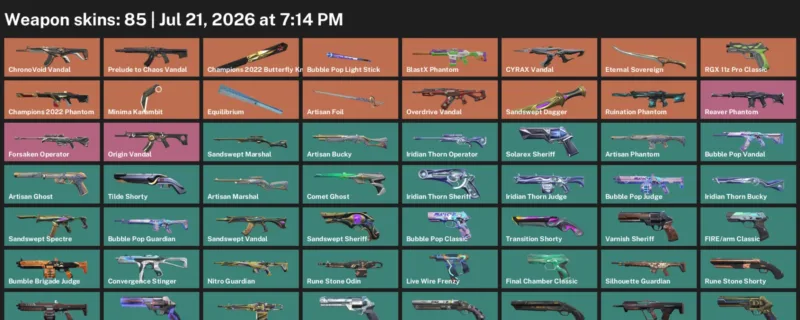Valorant Accounts listing: LVL 273 · Champions 2022 Butterfly Knife & Minima Karambit · 85 Skins - Gold 2, 85 skins