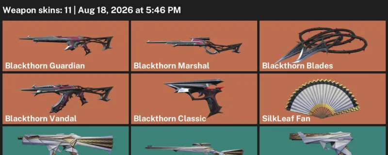 Valorant account inventory for LVL 34 · SilkLeaf Fan & Blackthorn Vandal