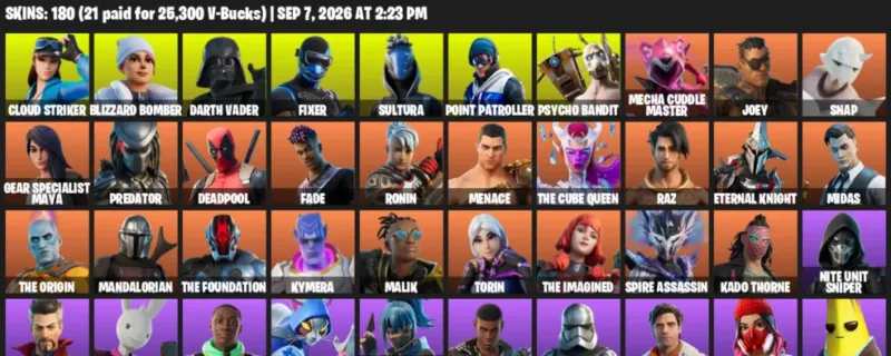 Fortnite account inventory for LVL 4654 - Cloud Striker - Blizzard Bomber - 180 Outfits