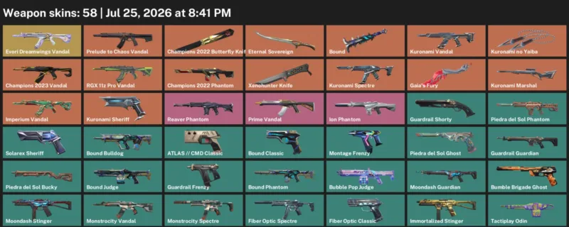 Valorant Accounts listing: LVL 166 · Champions 2022 Butterfly Knife & Kuronami no Yaiba · 58 Skins - Ascendant 1, 58 skins