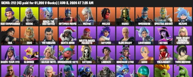 Fortnite account inventory for LVL 1864 - Sub Commander - Havoc - 212 Outfits