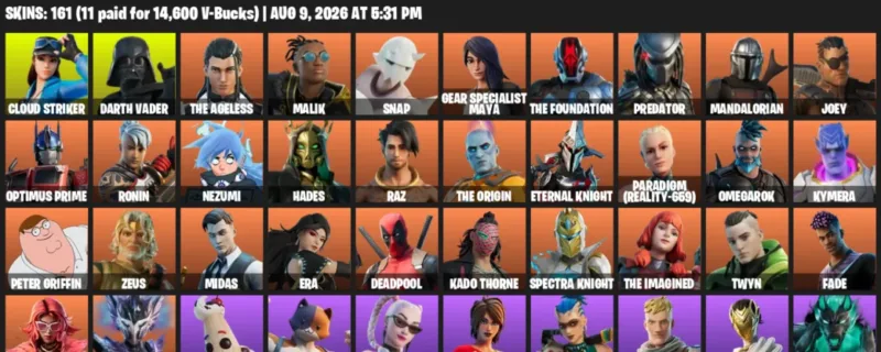 Fortnite account inventory for LVL 2999 - Cloud Striker - Darth Vader - 161 Outfits