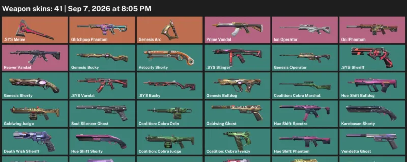 Valorant account inventory for LVL 188 · Sys Vandal & Aero Phantom