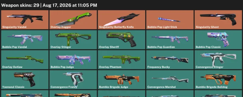 Valorant account inventory for LVL 43 · 29 Skins Overlay Dagger & Singularity Butterfly Knife