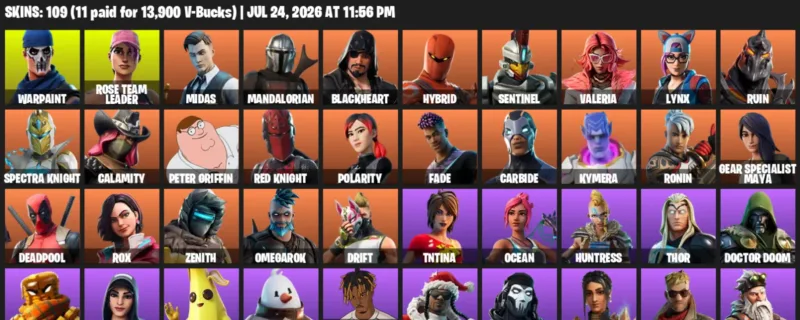 Fortnite Accounts listing: LVL 1427 - Warpaint - Rose Team Leader - 109 Outfits - 109 outfits