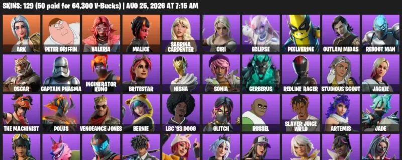 Fortnite account inventory for LVL 317 - Ark - Peter Griffin - 129 Outfits