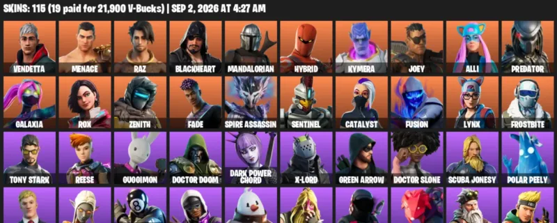 Fortnite account inventory for LVL 1654 - Vendetta - Menace - 115 Outfits