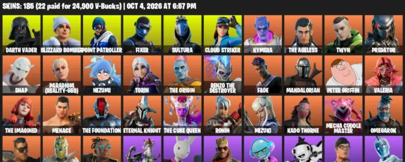Fortnite account inventory for Darth Vader - Blizzard Bomber - 120 Outfits